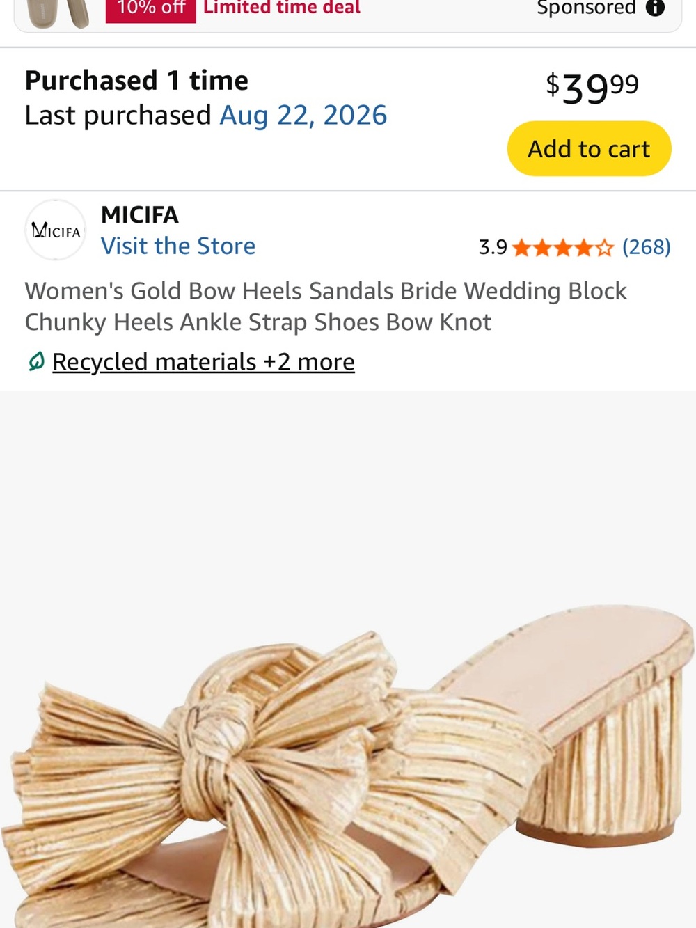 Brand New - NEVER WORN- Metallic Gold Bow Block Heel Sandals